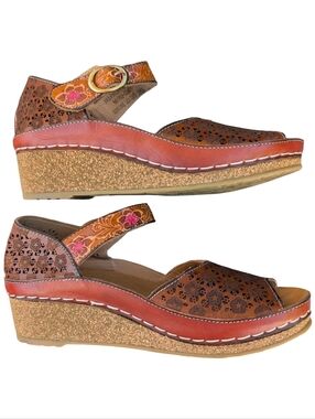 L'Artiste Spring Step Hand-Painted Leather Wedge Sandals EU 37